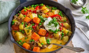 Herzhafte Hackfleischpfanne mit Kartoffeln, Karotten und Erbsen. Eine tolle Idee für ein schnelles Abendessen, garniert mit frischer Petersilie und einem Klecks Sour Cream.