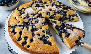 Saftiger Blaubeerkuchen, perfekt für einfache obstkuchen rezepte. Mit Puderzucker bestäubt und bereit zum Genießen.