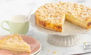 Ein saftiger Streuselkuchen mit Puddingfüllung, gebacken in einer Springform. Ein Stück auf einem rosa Teller wartet auf Genuss.