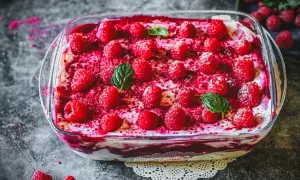 Himbeer Tiramisu in einer Glasschale, garniert mit frischen Himbeeren und Minze. Ein köstlicher Nachtisch.