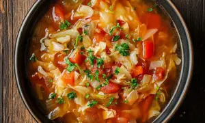 Herzhaftes Kohlsuppe Rezept mit viel Gemüse, wie Kohl, Karotten und Tomaten, garniert mit frischer Petersilie.