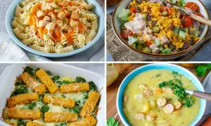 Vier leckere und schnelle Familienrezepte: Nudeln mit Soße, Salat, Auflauf und Suppe.
