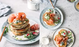 Deftige Pancakes mit Schinken, Kräuterquark und Radieschensalat. Ein herzhaftes Gericht, das Appetit macht.