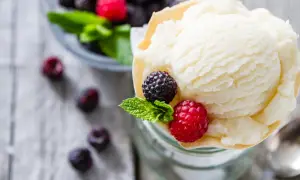 Cremiges Joghurteis selber machen: Eine Portion mit frischen Beeren und Minze garniert, daneben eine Schüssel voller Beeren.