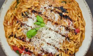 Ein Teller mit cremigen Orzo Nudeln, garniert mit geriebenem Parmesan, frischem Basilikum und Balsamico-Glasur.