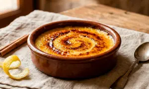Cremige Crema Catalana mit karamellisierter Zuckerkruste, Zimtstange und Zitronenschale daneben.