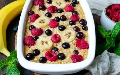 Leckere instant oats rezepte: gebackener Haferbrei mit Bananen, Himbeeren und Blaubeeren, garniert mit frischer Minze.