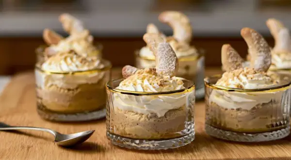 Leckeres Vanillekipferl Dessert im Glas, garniert mit Sahne und Keksbröseln. Ein süßer Genuss für jeden Anlass.