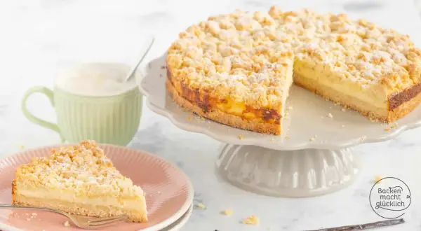 Ein saftiger Streuselkuchen mit Puddingfüllung, gebacken in einer Springform. Ein Stück auf einem rosa Teller wartet auf Genuss.