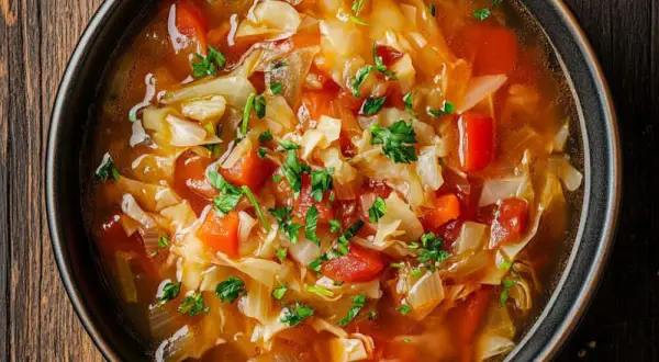 Herzhaftes Kohlsuppe Rezept mit viel Gemüse, wie Kohl, Karotten und Tomaten, garniert mit frischer Petersilie.