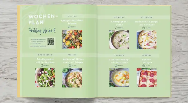 Wochenplan für Frühling Woche 2: Spargel-Kartoffel-Pfanne, Champignon-Suppe, Nudeln mit Spargel & Schinken, Frühlingssalat, Nudeln mit Hähnchen, Kohlrabi-Eintopf, Ravioli-Lasagne.