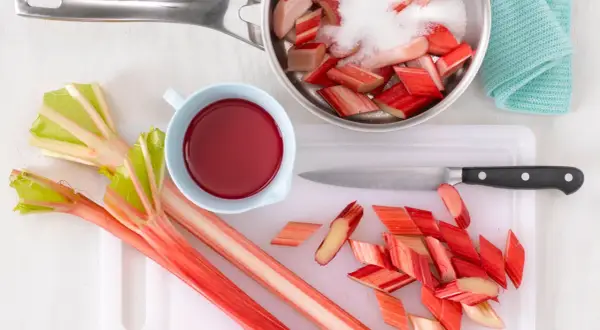 Frischer Rhabarber wird geschnitten und mit Zucker für Rhabarberkompott vorbereitet. Ein Messer und eine Schüssel mit rotem Saft liegen bereit.
