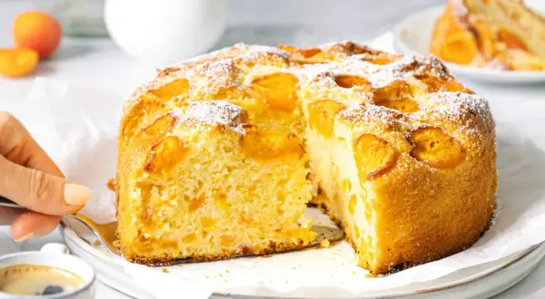 Ein saftiger Aprikosenkuchen, bestäubt mit Puderzucker, wird angeschnitten. Ein Stück davon könnte der weltbester Aprikosenkuchen sein.