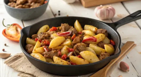 Herzhafte Schupfnudeln mit Hackfleisch und Paprika in einer Gusseisenpfanne, garniert mit frischer Petersilie.