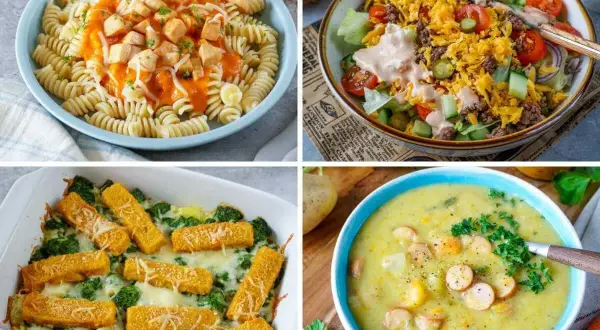 Vier leckere und schnelle Familienrezepte: Nudeln mit Soße, Salat, Auflauf und Suppe.