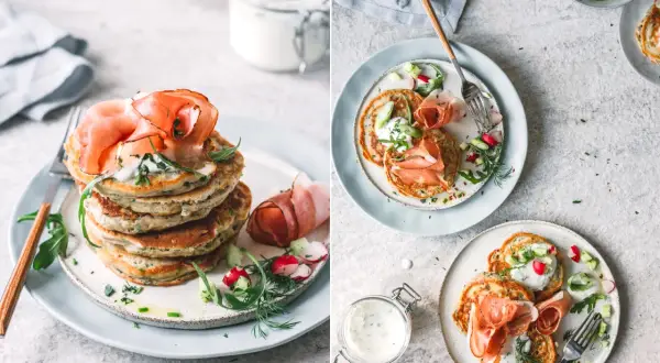Deftige Pancakes mit Schinken, Kräuterquark und Radieschensalat. Ein herzhaftes Gericht, das Appetit macht.
