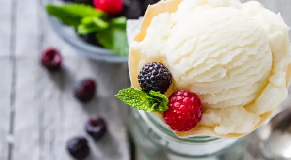Cremiges Joghurteis selber machen: Eine Portion mit frischen Beeren und Minze garniert, daneben eine Schüssel voller Beeren.