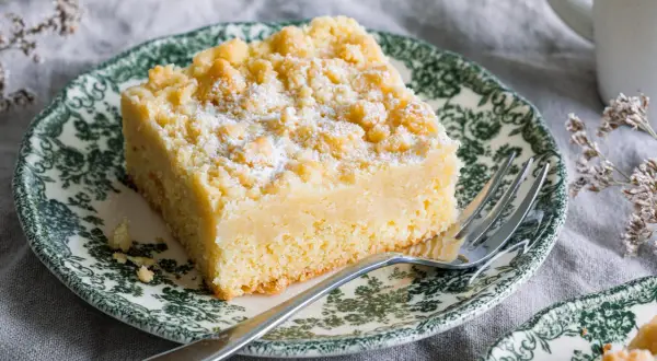Ein Stück Streuselkuchen ohne Hefe, bestäubt mit Puderzucker, auf einem Teller mit grünem Muster.