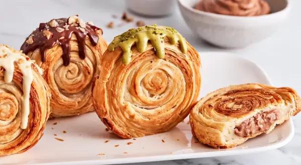 Saftige New York Rolls mit Schokolade, Pistazie und weißer Glasur, eine köstliche Versuchung.