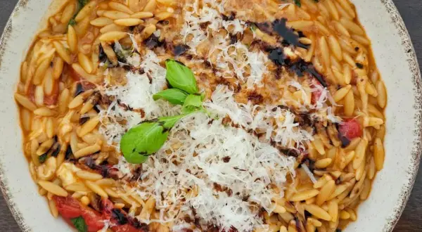 Ein Teller mit cremigen Orzo Nudeln, garniert mit geriebenem Parmesan, frischem Basilikum und Balsamico-Glasur.