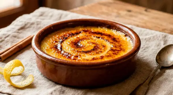 Cremige Crema Catalana mit karamellisierter Zuckerkruste, Zimtstange und Zitronenschale daneben.