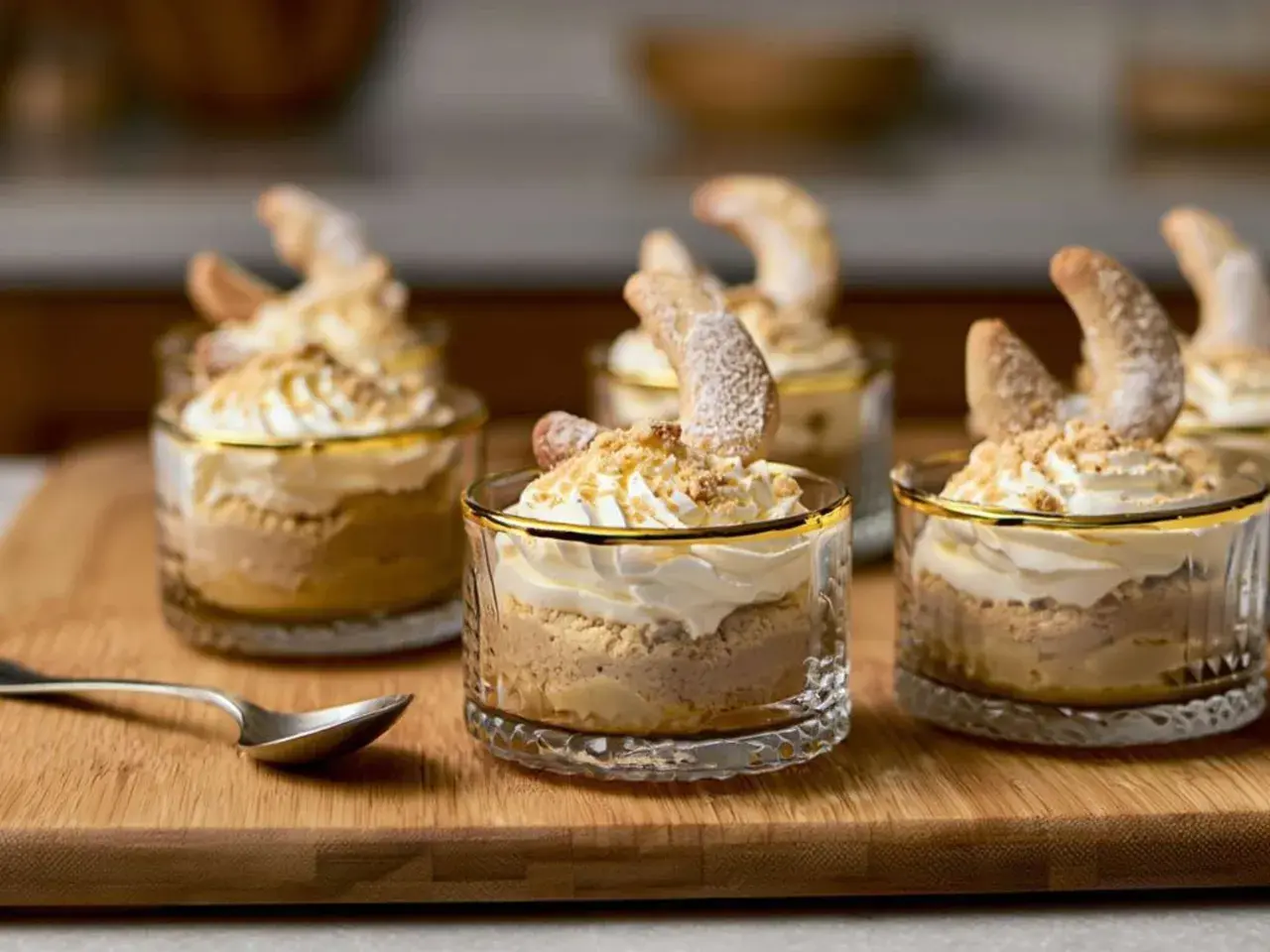Leckeres Vanillekipferl Dessert im Glas, garniert mit Sahne und Keksbröseln. Ein süßer Genuss für jeden Anlass.