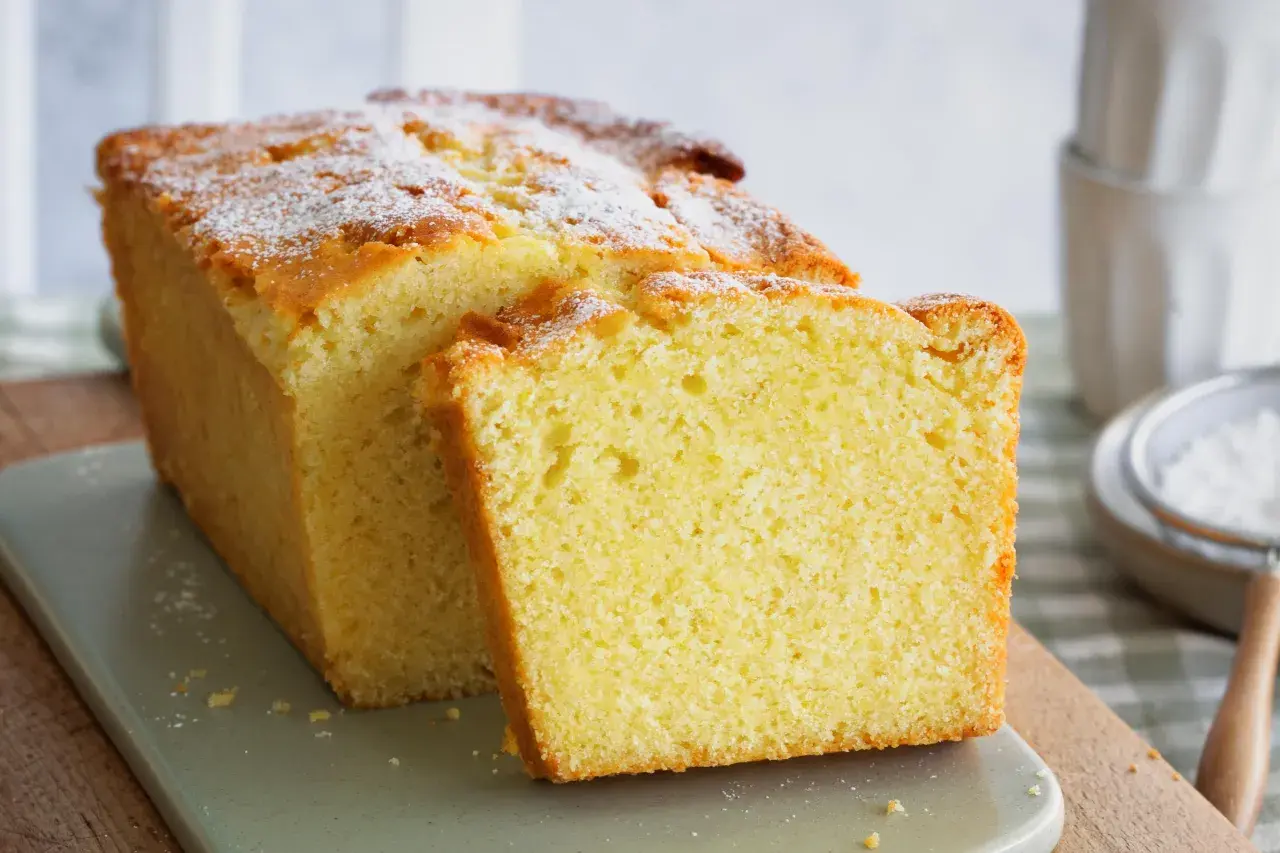 Ein saftiger Kuchen, der wie ein Puddingpulver-Kuchen aussieht, bestäubt mit Puderzucker.