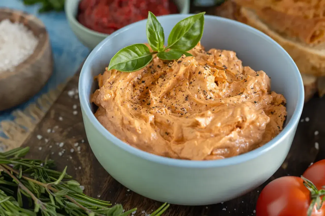 Cremige italienische Tomatenbutter, garniert mit Basilikum und Pfeffer, bereit zum Genuss.