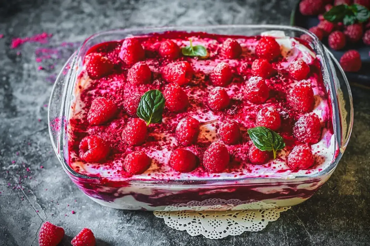 Himbeer Tiramisu in einer Glasschale, garniert mit frischen Himbeeren und Minze. Ein köstlicher Nachtisch.