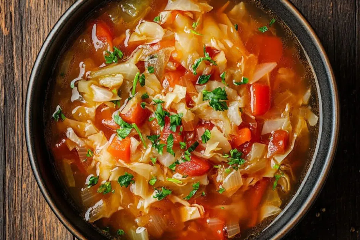 Herzhaftes Kohlsuppe Rezept mit viel Gemüse, wie Kohl, Karotten und Tomaten, garniert mit frischer Petersilie.