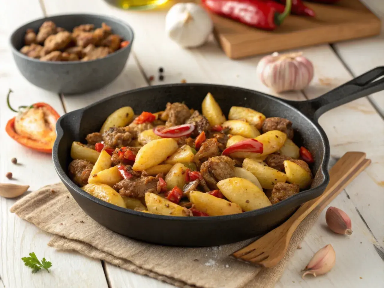 Herzhafte Schupfnudeln mit Hackfleisch und Paprika in einer Gusseisenpfanne, garniert mit frischer Petersilie.