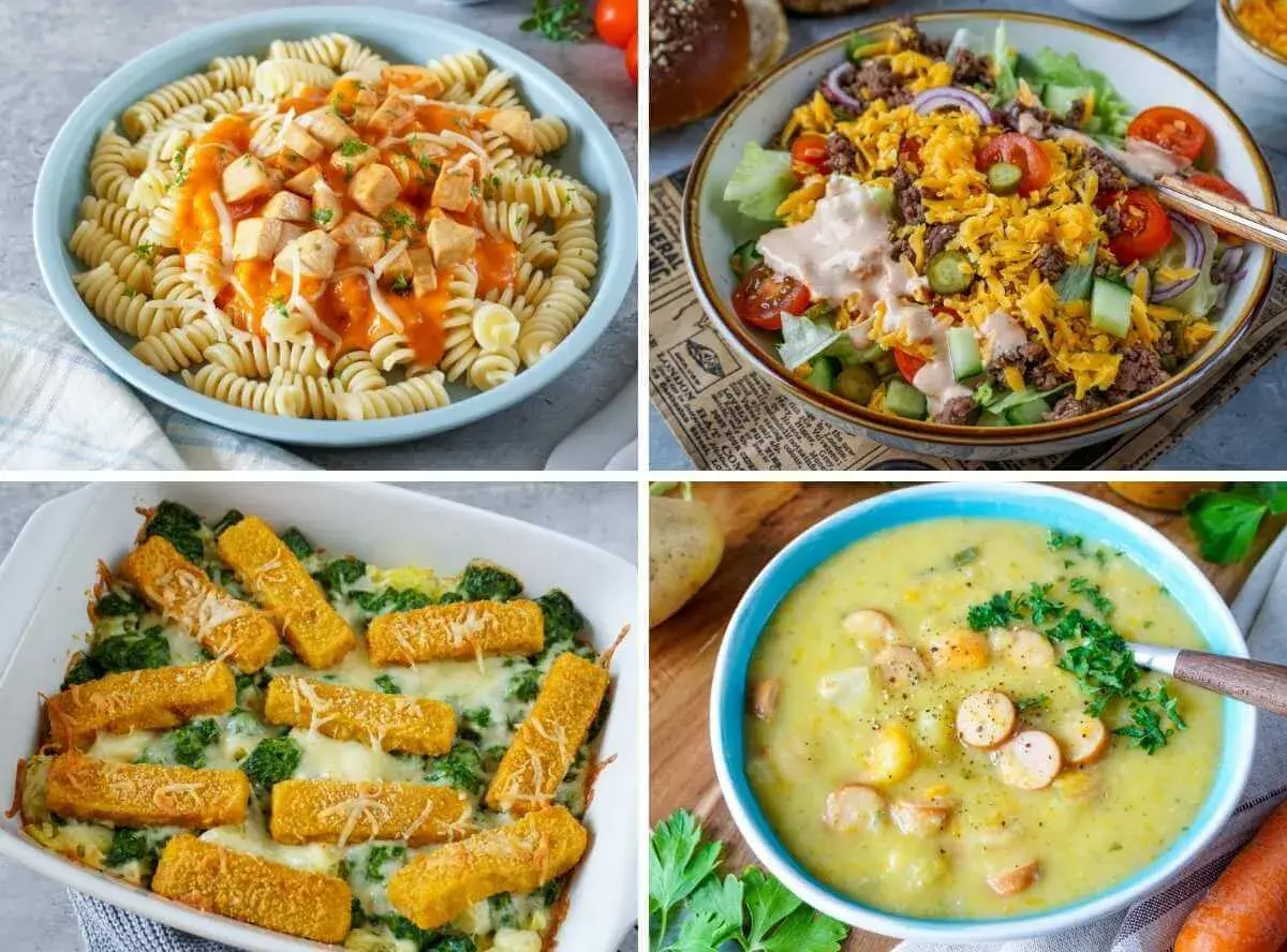 Vier leckere und schnelle Familienrezepte: Nudeln mit Soße, Salat, Auflauf und Suppe.