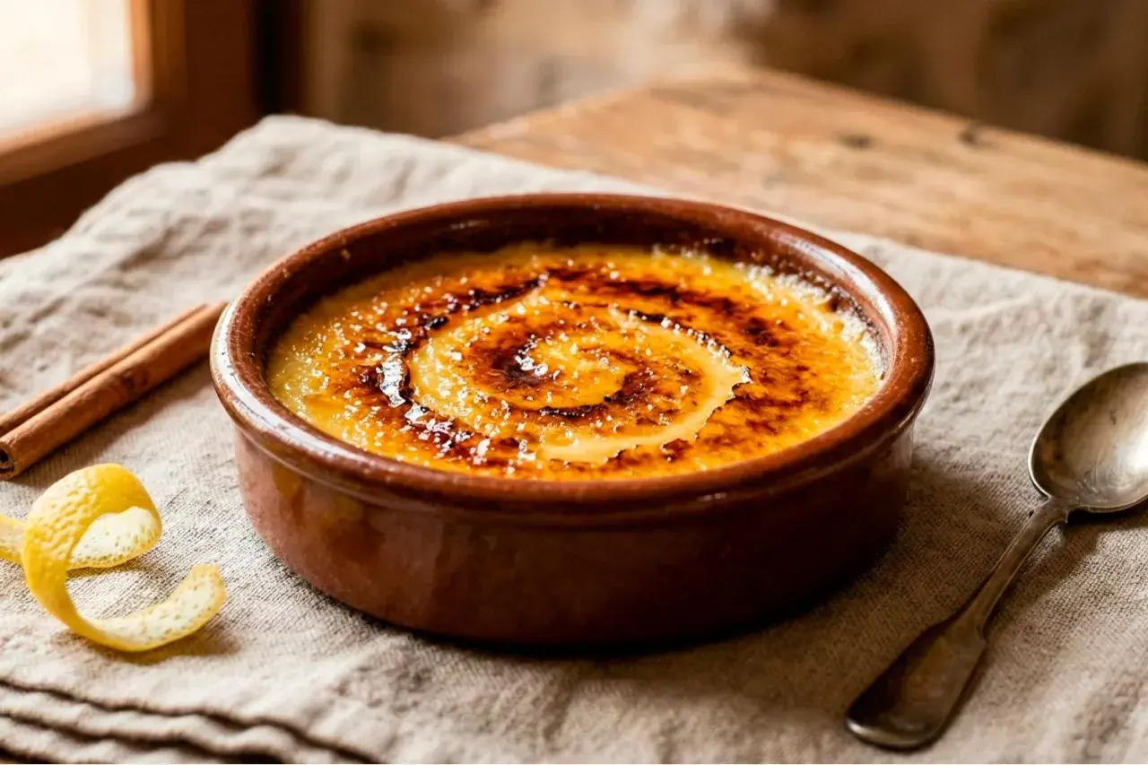 Cremige Crema Catalana mit karamellisierter Zuckerkruste, Zimtstange und Zitronenschale daneben.
