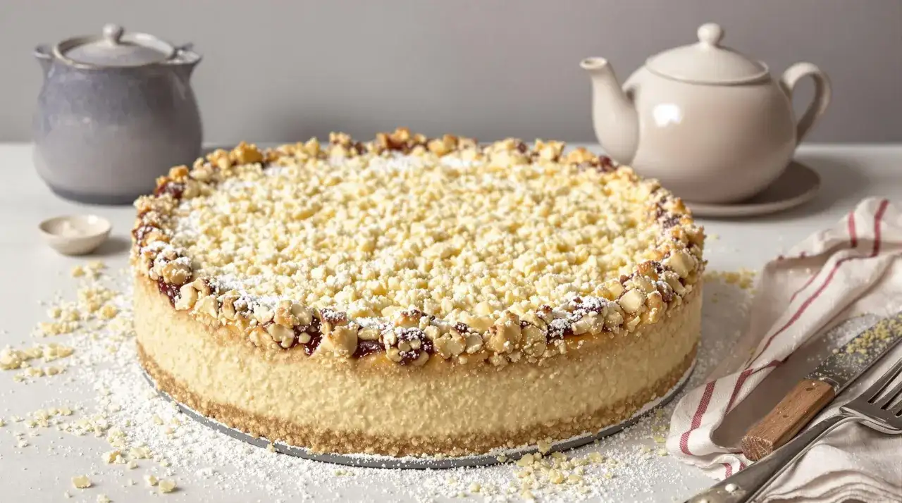 Käsekuchen mit Streuseln und Nüssen, inspiriert von einfachen Kuchen Rezepten. Puderzucker bestäubt die Leckerei.
