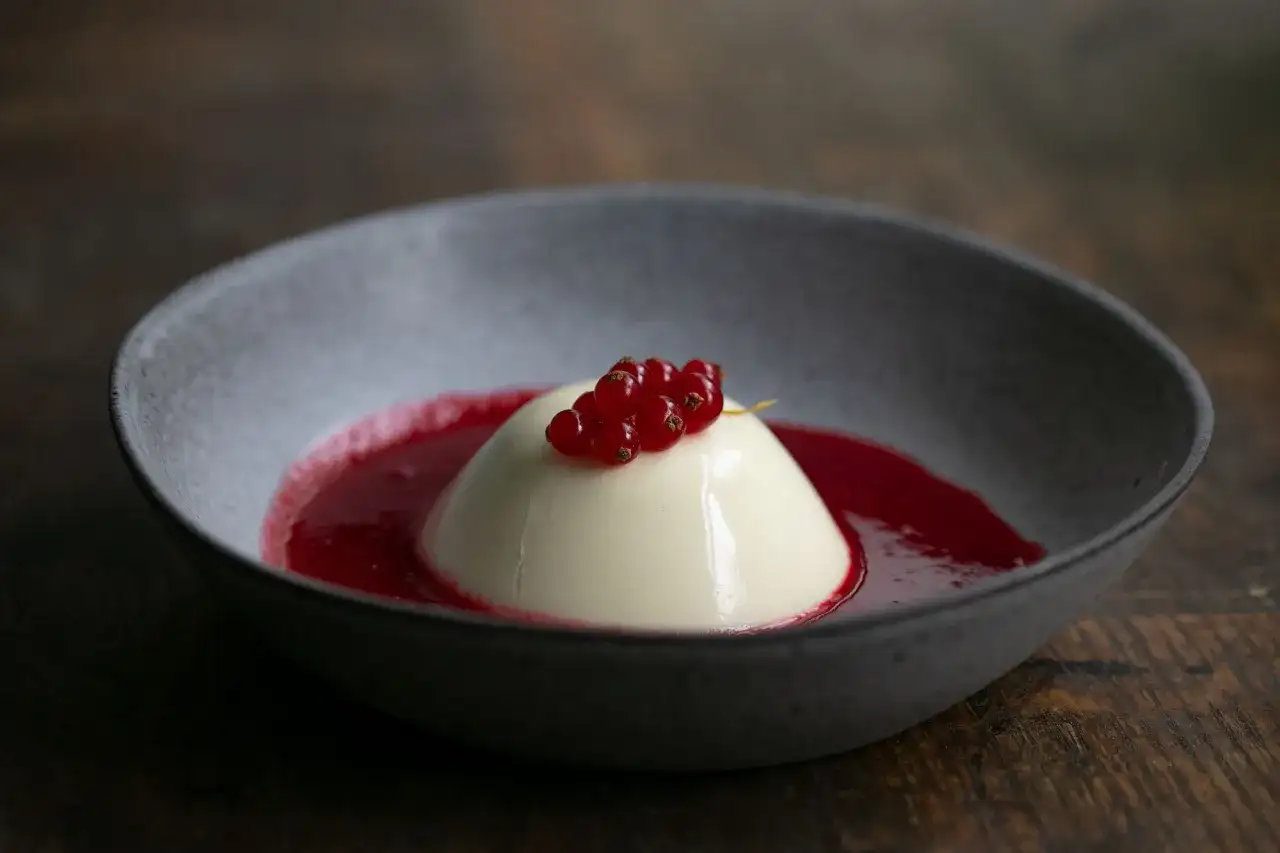 Cremige Panna Cotta mit roter Beerensauce und frischen Johannisbeeren in einer grauen Schale auf Holzhintergrund.