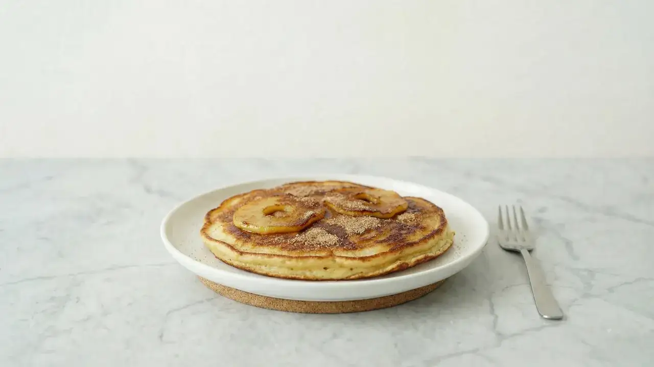 Goldbraune Apfelkrapfen in der Pfanne, bestreut mit Zimt und Zucker, daneben eine Gabel auf Marmortisch.