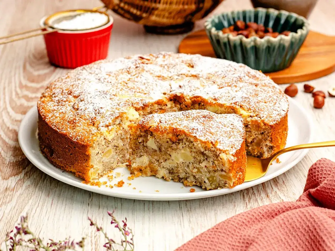 Saftiger Apfel-Walnuss-Kuchen, bestäubt mit Puderzucker, auf einem Teller mit einem Stück herausgeschnitten. Nüsse und ein Sieb mit Puderzucker im Hintergrund.