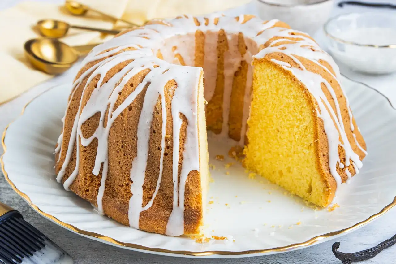 Ein saftiger Gugelhupf, verziert mit wei&szlig;er Glasur, der an einen k&ouml;stlichen Puddingpulver Kuchen erinnert.