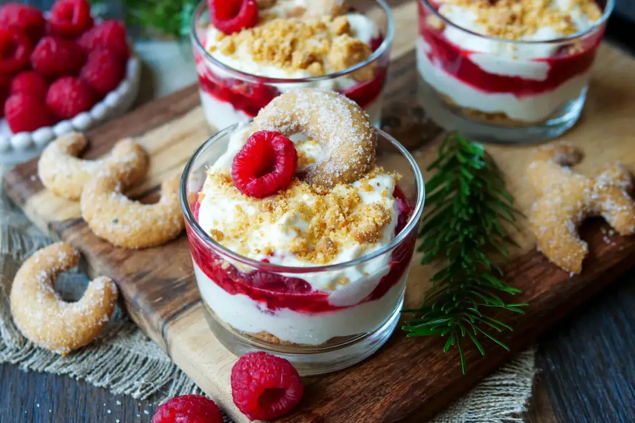 Leckeres Vanillekipferl Dessert im Glas mit Himbeeren und Keksbr&ouml;seln. Ein s&uuml;&szlig;er Genuss f&uuml;r die Feiertage.