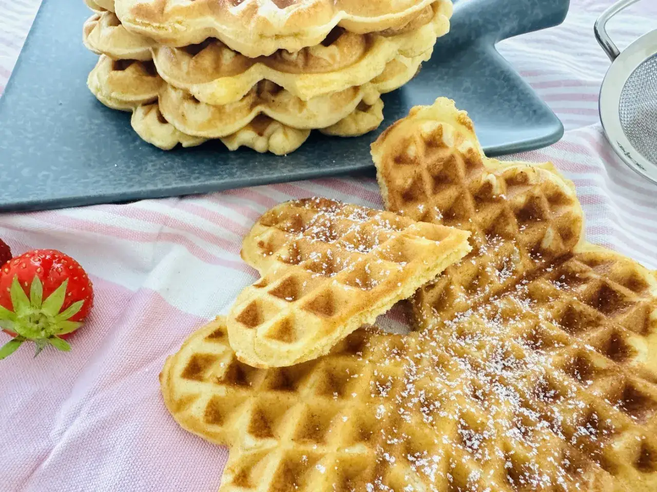 Goldbraune Waffeln, frisch gebacken, mit Puderzucker best&auml;ubt. Ein perfektes Waffeln Rezept f&uuml;r s&uuml;&szlig;e Momente. Daneben eine Erdbeere.