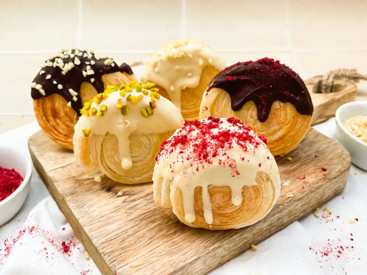 F&uuml;nf k&ouml;stliche New York Rolls, verlockend dekoriert mit wei&szlig;er und dunkler Schokolade, Pistazien und roten Beeren.