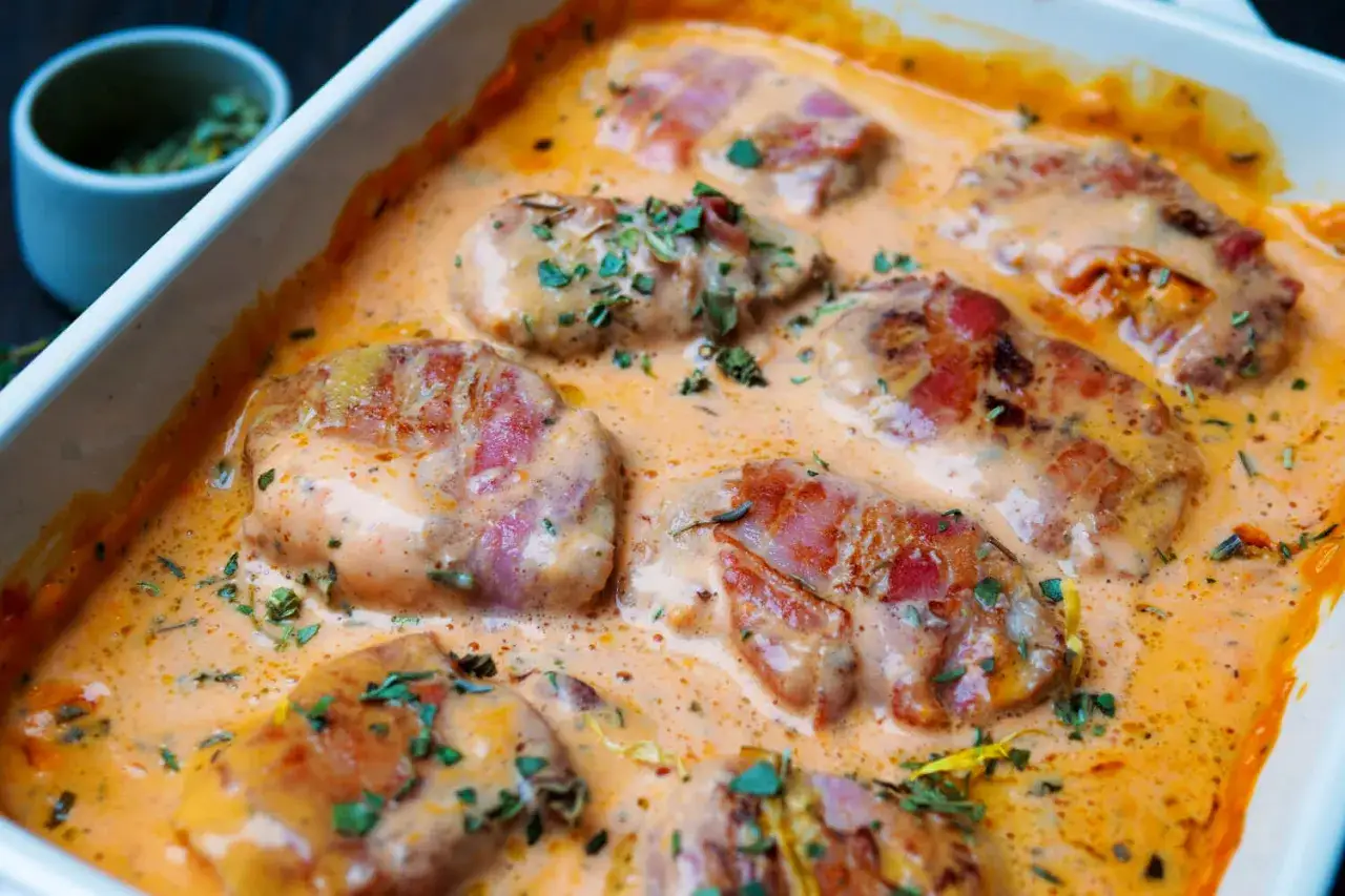 Medaillons in cremiger Sauce, mit Speck umwickelt, aus dem Ofen. Ein köstliches Rezept für Medaillons im Backofen.