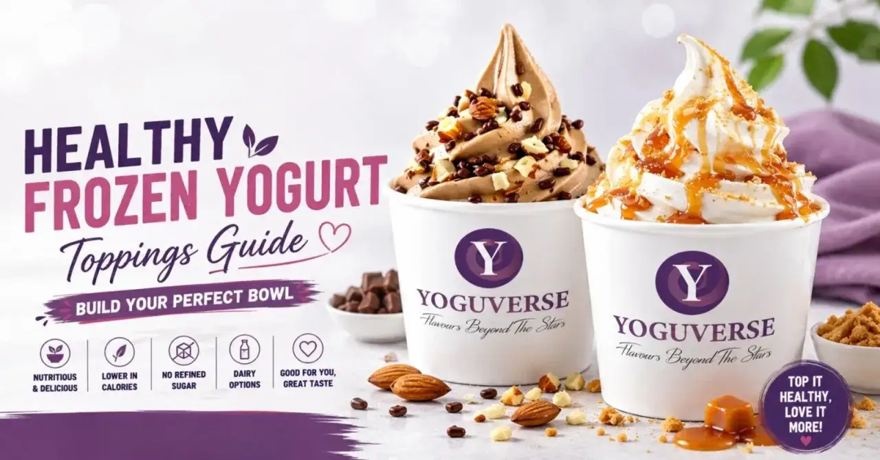 Zwei Becher mit k&ouml;stlichem frozen joghurt, einer schokoladig mit N&uuml;ssen, der andere mit Karamell. Ein Leitfaden f&uuml;r gesunde Toppings.