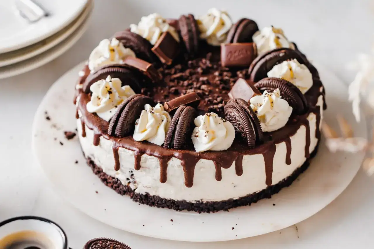 Ein k&ouml;stlicher Oreo Kuchen mit Schokoladenglasur, Sahnetupfern und ganzen Oreos verziert.