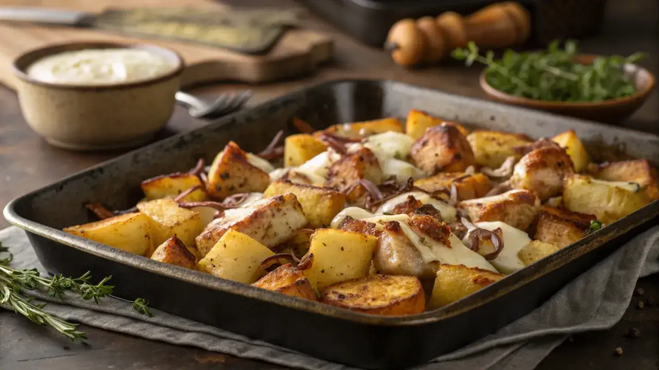 Goldbraune Kartoffeln mit geschmolzenem K&auml;se und roten Zwiebeln aus dem Ofen, garniert mit frischen Kr&auml;utern.