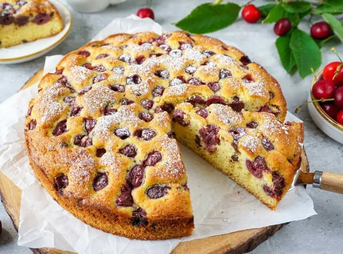 Ein saftiger Kirschkuchen mit frischen Kirschen, bestäubt mit Puderzucker. Ein Stück wurde bereits herausgeschnitten.