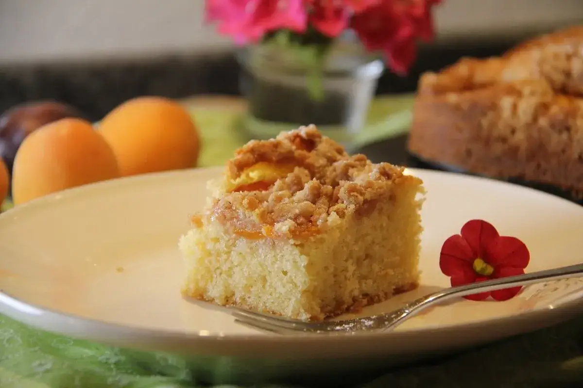 Ein St&uuml;ck saftiger Obstkuchen mit Streuseln, inspiriert von einfachen obstkuchen rezepten. Daneben eine rote Bl&uuml;te.