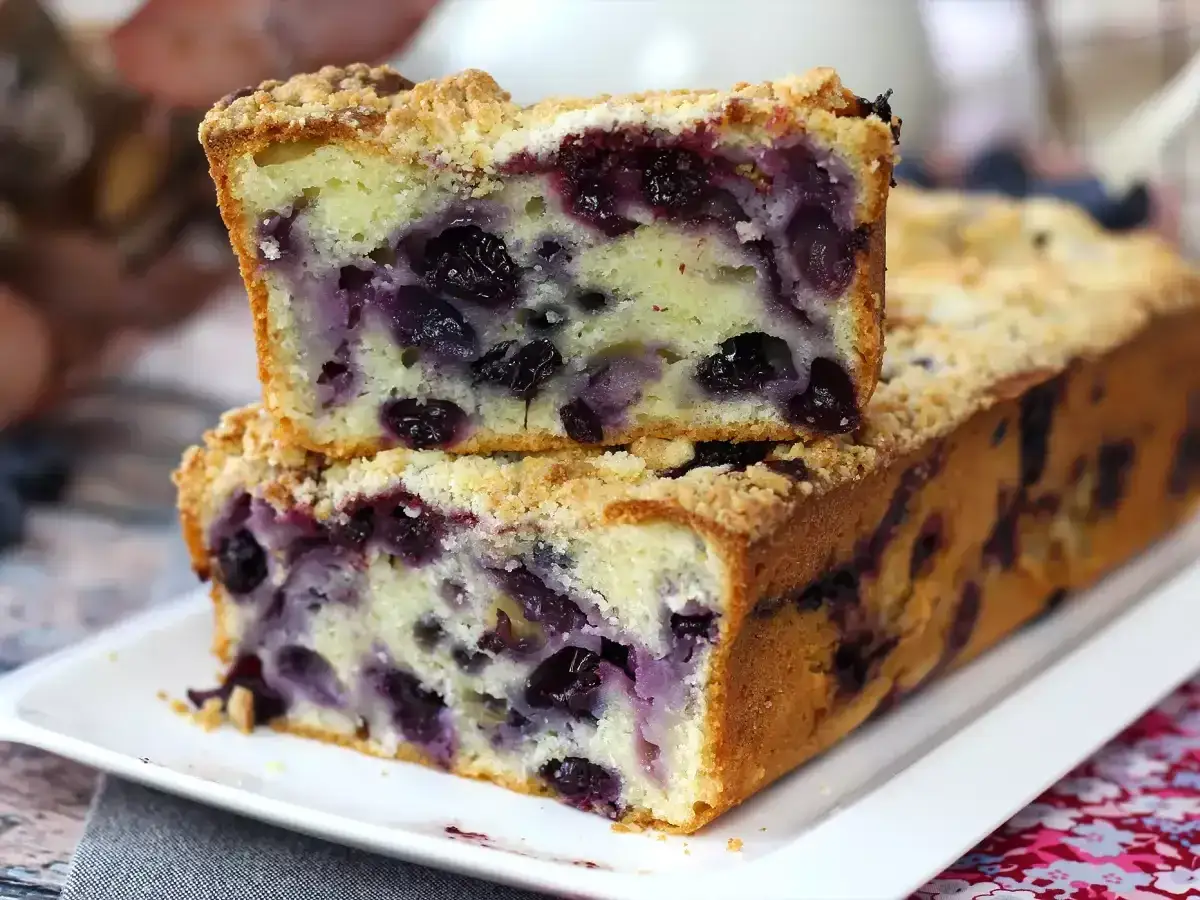 Saftiger Streuselkuchen ohne Hefe, voller Blaubeeren, auf einem wei&szlig;en Teller.