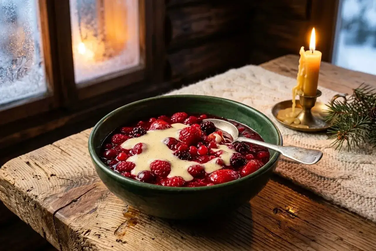 Ein k&ouml;stliches Milchreis-Rezept mit Beeren und Vanillesauce, serviert bei Kerzenlicht am Fenster.