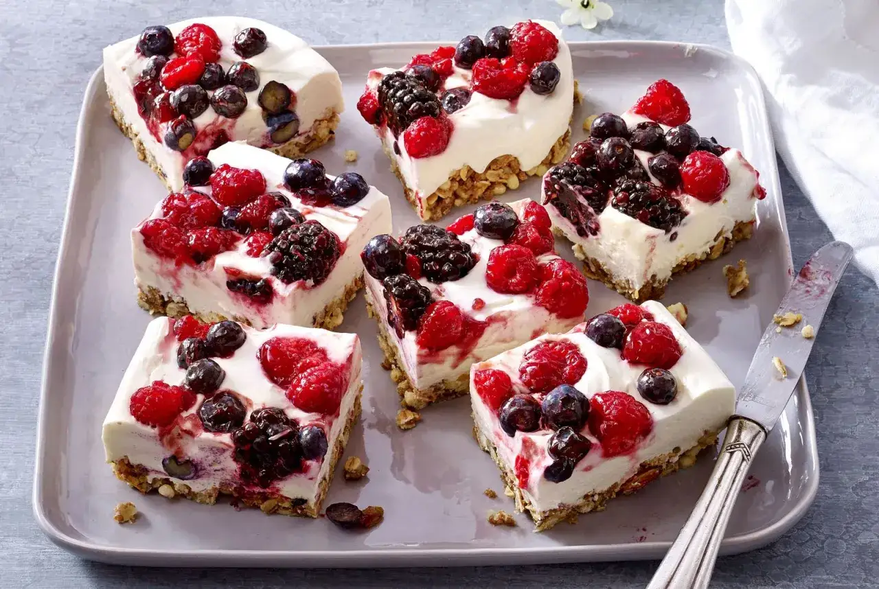 Sechs St&uuml;cke eines erfrischenden Sommerkuchens mit Beeren und cremigem Topping auf einem grauen Teller.